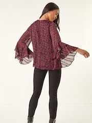 Roman Black Petite Paisley Frill Sleeve Blouse - Image 3 of 5