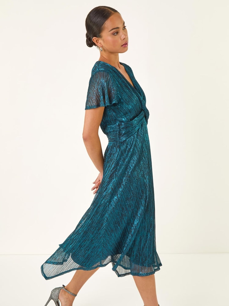 Roman Blue Petite Shimmer Twist Front Midi Dress - Image 1 of 5