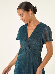 Roman Blue Petite Shimmer Twist Front Midi Dress - Image 4 of 5