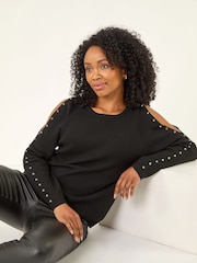 Roman Black Petite Stud Sleeve Knit Jumper - Image 1 of 5