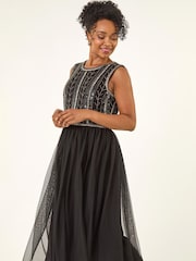 Roman Black Petite Embroidered Mesh Dress - Image 2 of 5