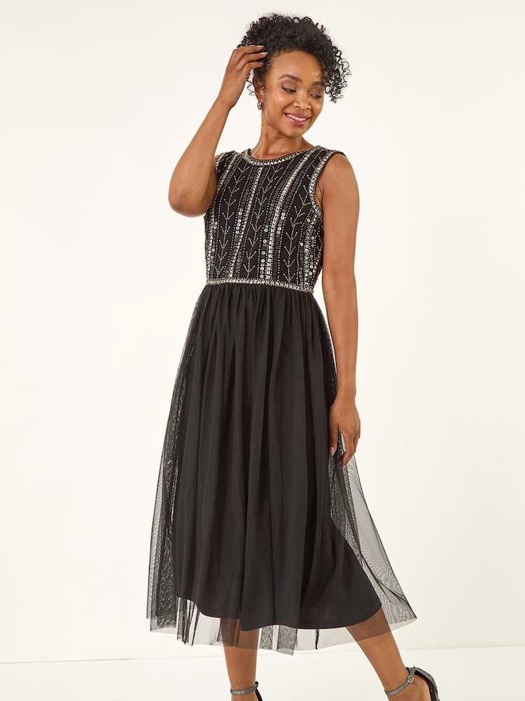 embroidered black mesh dress Miss Selfridge festival sheer mesh embroidered midi dress in black