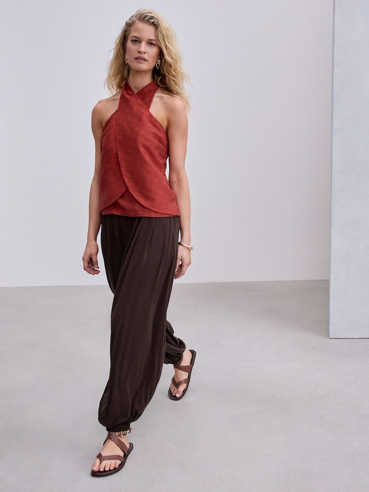 Chocolate Brown Slinky Pleated Balloon Trousers - Image 1 of 7 Chocolate Brown Slinky Pleated Balloon Trousers - Image 1 of 7