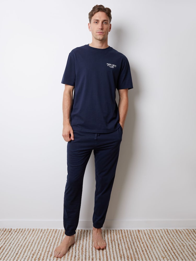 Threadbare Blue Peached Cotton Graphic Lounge Set - Image 1 of 4 Threadbare Blue Peached Cotton Graphic Lounge Set - Image 1 of 4