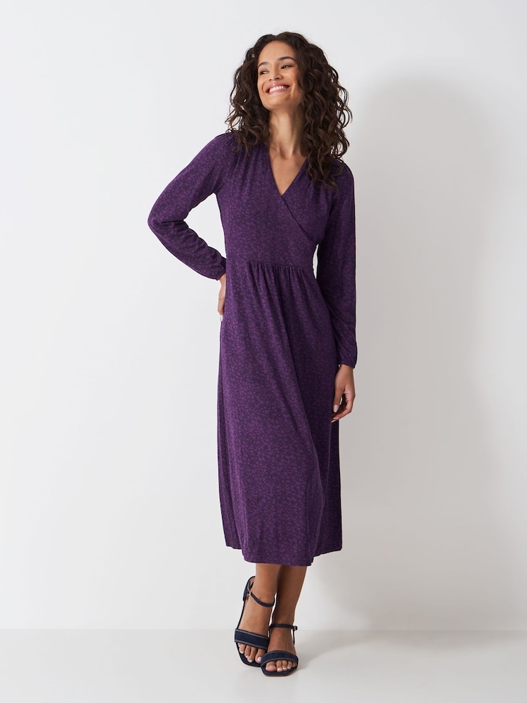 Crew Clothing Purple Printed Long Sleeve Jersey Wrap Dress - Image 1 of 5 Crew Clothing Purple Printed Long Sleeve Jersey Wrap Dress - Image 1 of 5