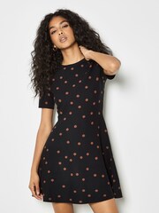 Apricot Black Polka Dot Knitted Short Sleeve Dress - Image 1 of 5