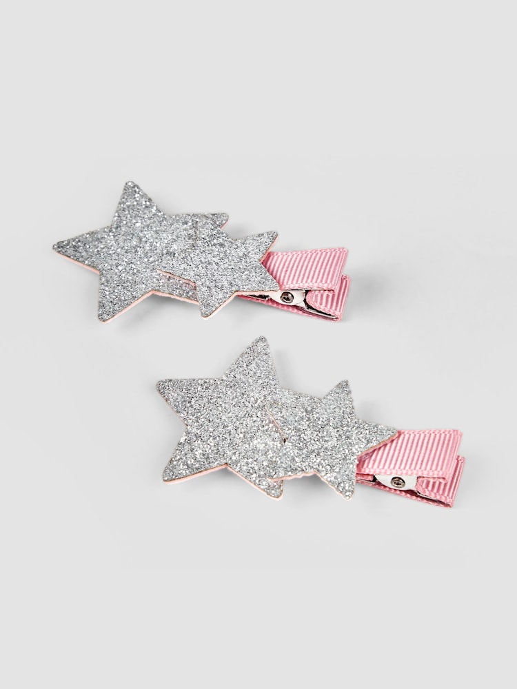 JoJo Maman Bébé Silver 2-Pack Star Glitter Clips - Image 1 of 3