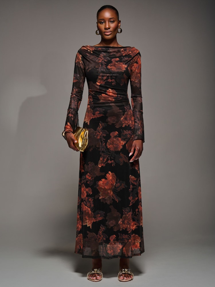 Jolie Moi Orange Long Sleeve Slash Neck Maxi Dress - Image 1 of 6
