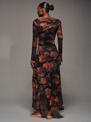 Jolie Moi Orange Long Sleeve Slash Neck Maxi Dress - Image 2 of 6