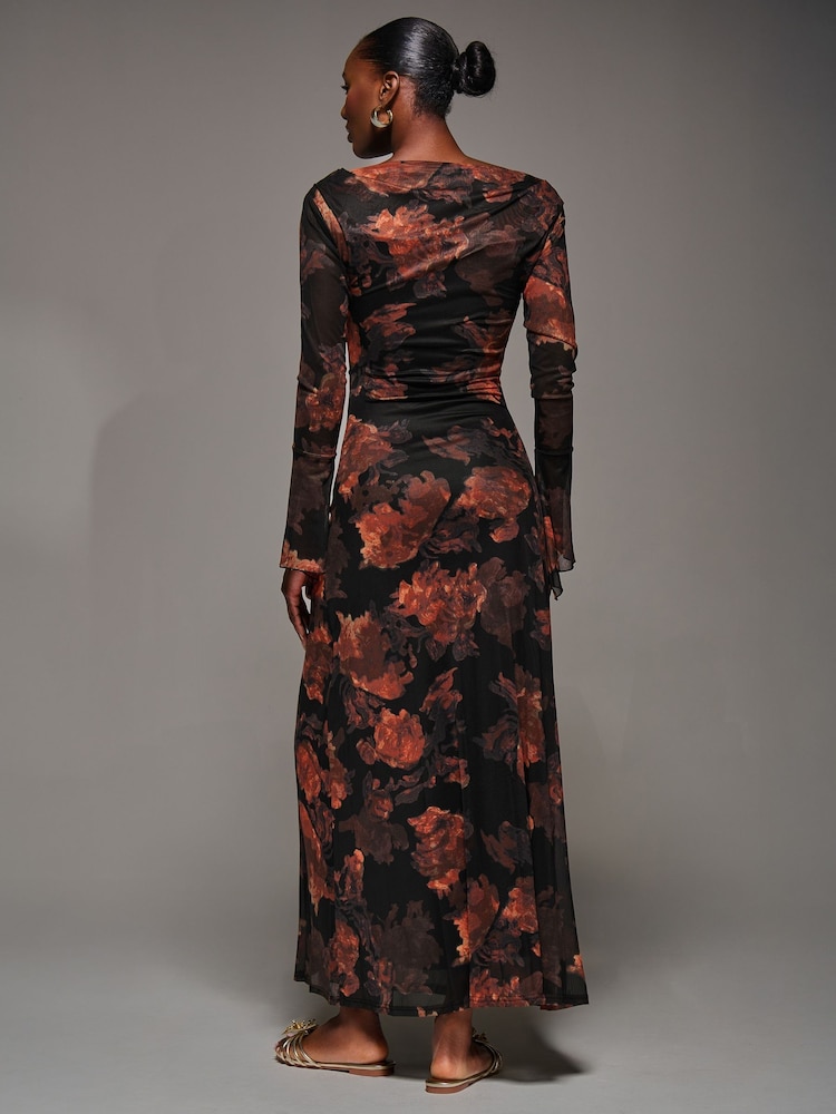 Jolie Moi Orange Long Sleeve Slash Neck Maxi Dress - Image 2 of 6
