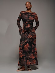 Jolie Moi Orange Long Sleeve Slash Neck Maxi Dress - Image 4 of 6
