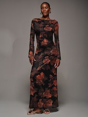 Jolie Moi Orange Long Sleeve Slash Neck Maxi Dress - Image 6 of 6