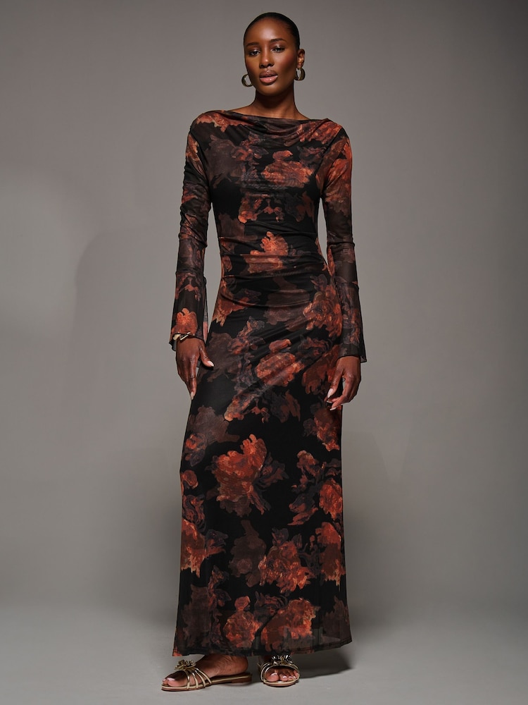 Jolie Moi Orange Long Sleeve Slash Neck Maxi Dress - Image 6 of 6