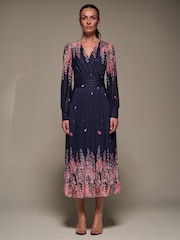 Jolie Moi Pink Long Sleeve Printed Mesh Midaxi Dress - Image 1 of 6