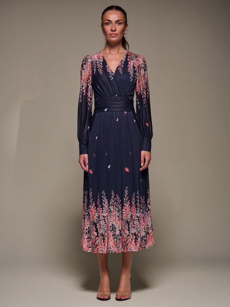 Jolie Moi Pink Long Sleeve Printed Mesh Midaxi Dress - Image 1 of 6 Jolie Moi Pink Long Sleeve Printed Mesh Midaxi Dress - Image 1 of 6
