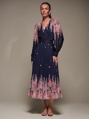 Jolie Moi Pink Long Sleeve Printed Mesh Midaxi Dress - Image 2 of 6