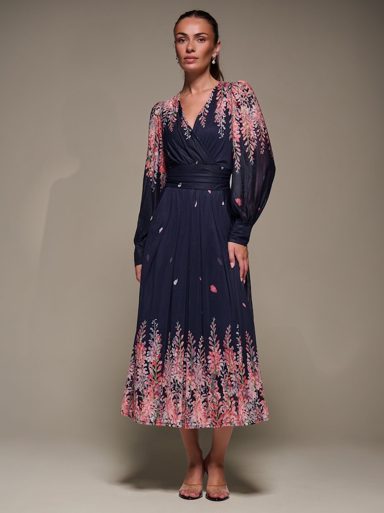 Jolie Moi Pink Long Sleeve Printed Mesh Midaxi Dress - Image 2 of 6 Jolie Moi Pink Long Sleeve Printed Mesh Midaxi Dress - Image 2 of 6