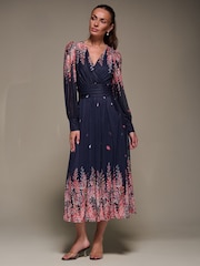 Jolie Moi Pink Long Sleeve Printed Mesh Midaxi Dress - Image 4 of 6