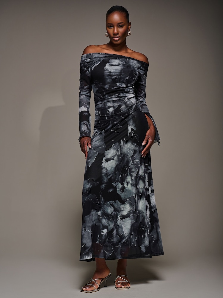 Jolie Moi Black Long Sleeve Slash Neck Maxi Dress - Image 1 of 6