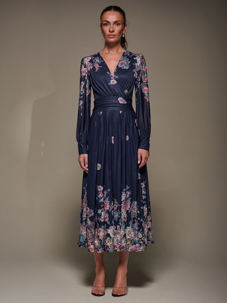 Jolie Moi Blue Long Sleeve Printed Mesh Midaxi Dress - Image 1 of 6 Jolie Moi Blue Long Sleeve Printed Mesh Midaxi Dress - Image 1 of 6