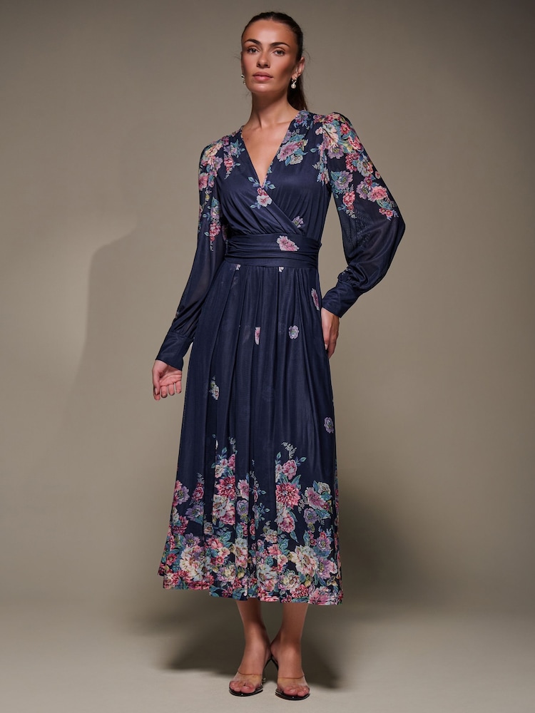 Jolie Moi Blue Long Sleeve Printed Mesh Midaxi Dress - Image 2 of 6 Jolie Moi Blue Long Sleeve Printed Mesh Midaxi Dress - Image 2 of 6