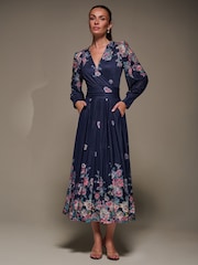 Jolie Moi Blue Long Sleeve Printed Mesh Midaxi Dress - Image 3 of 6