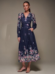 Jolie Moi Blue Long Sleeve Printed Mesh Midaxi Dress - Image 4 of 6