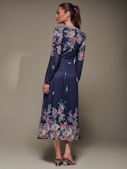 Jolie Moi Blue Long Sleeve Printed Mesh Midaxi Dress - Image 5 of 6