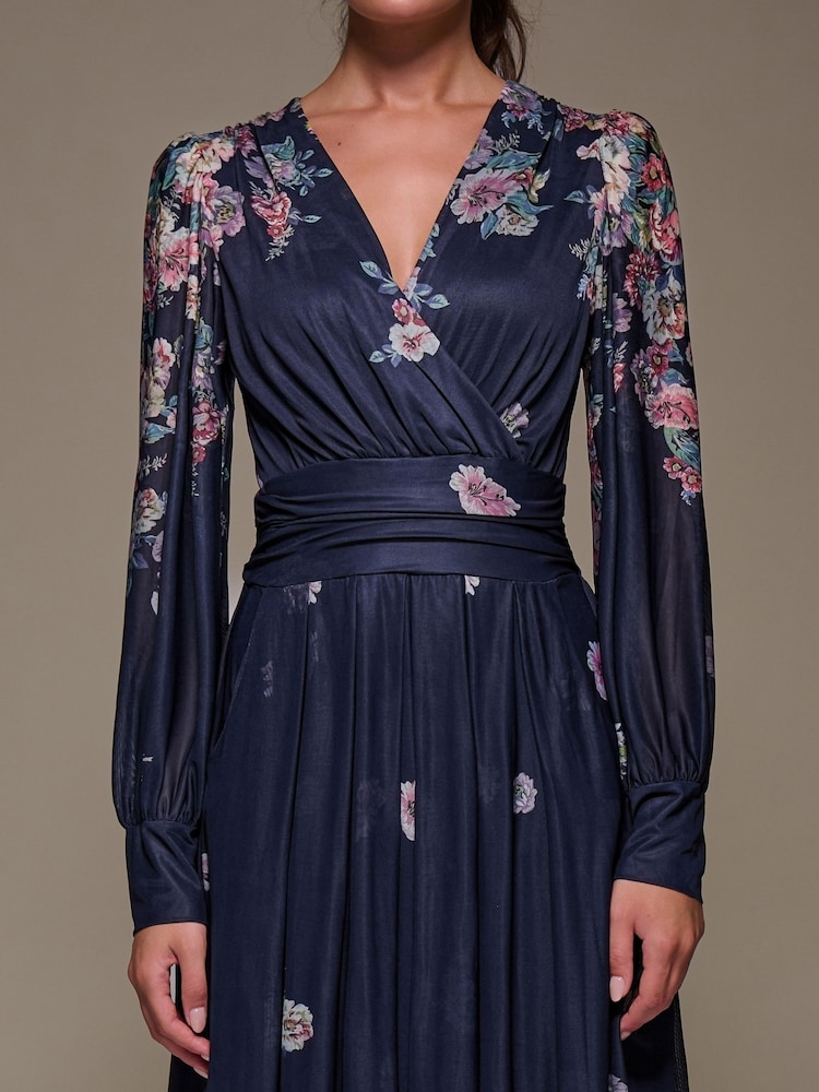 Jolie Moi Blue Long Sleeve Printed Mesh Midaxi Dress - Image 6 of 6 Jolie Moi Blue Long Sleeve Printed Mesh Midaxi Dress - Image 6 of 6