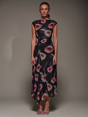 Jolie Moi Black Slash Neck Ruched Mesh Maxi Dress - Image 1 of 6