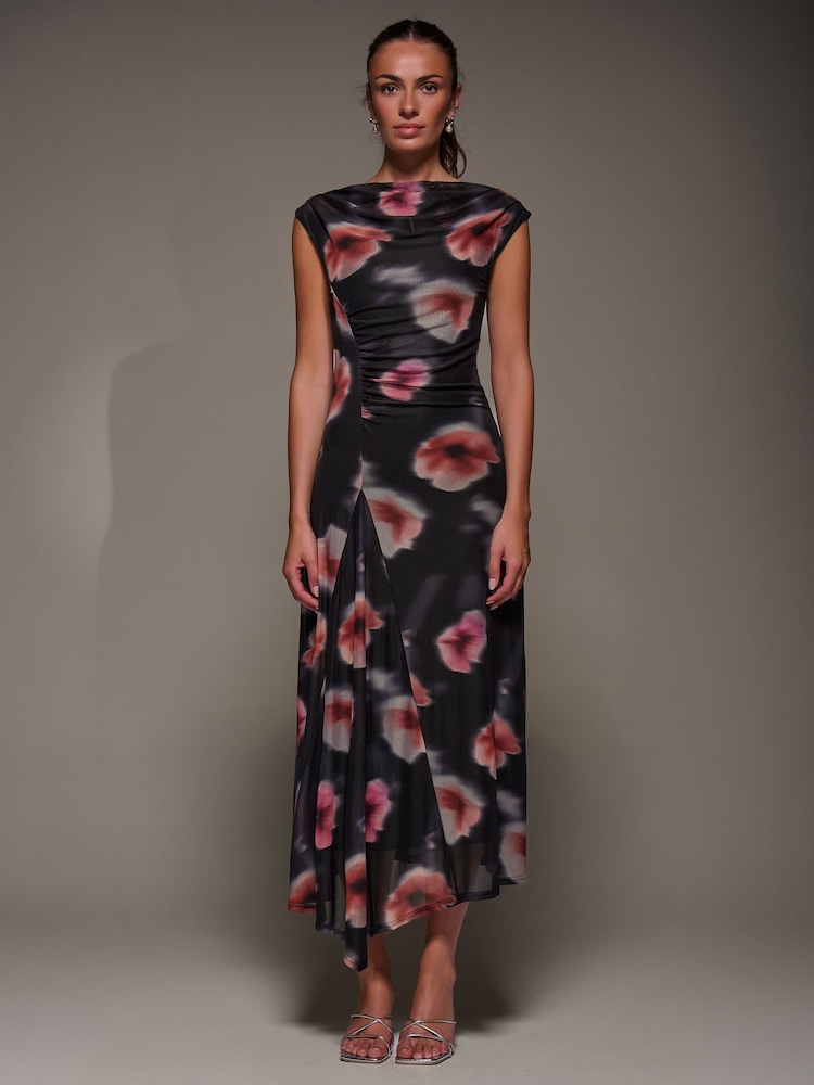 Jolie Moi Black Slash Neck Ruched Mesh Maxi Dress - Image 1 of 6 Jolie Moi Black Slash Neck Ruched Mesh Maxi Dress - Image 1 of 6