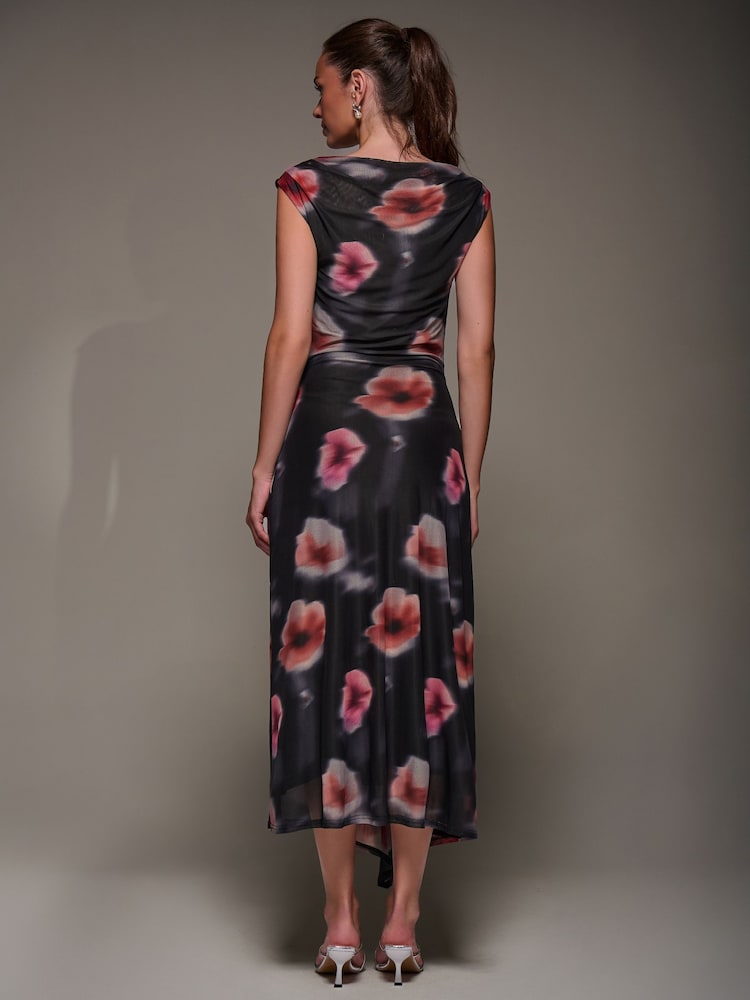 Jolie Moi Black Slash Neck Ruched Mesh Maxi Dress - Image 2 of 6