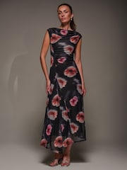 Jolie Moi Black Slash Neck Ruched Mesh Maxi Dress - Image 4 of 6