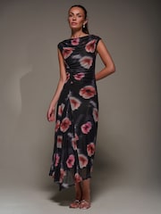 Jolie Moi Black Slash Neck Ruched Mesh Maxi Dress - Image 6 of 6