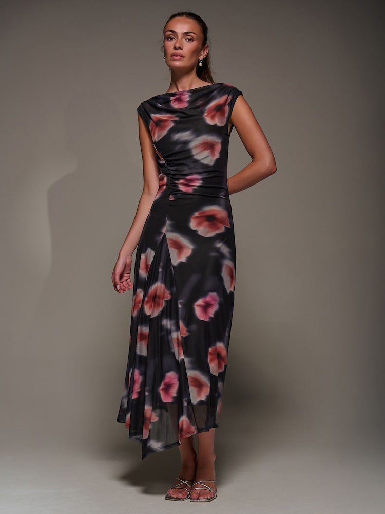 Jolie Moi Black Slash Neck Ruched Mesh Maxi Dress - Image 6 of 6