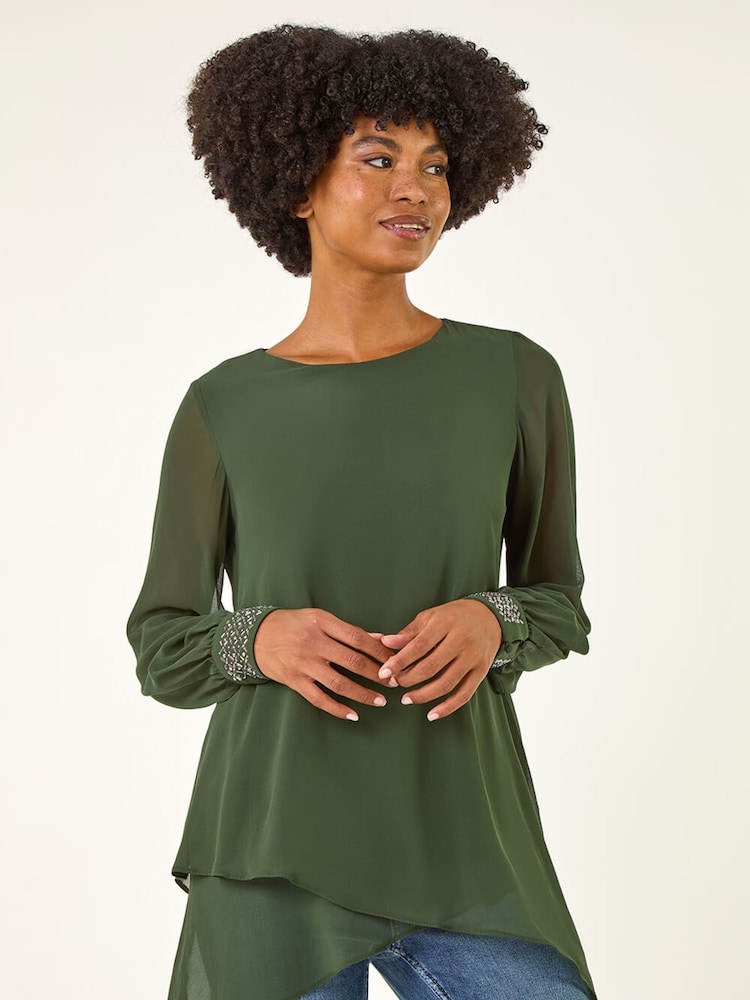 Roman Green Embellished Detail Layered Tunic Top - Image 1 of 5 Roman Green Embellished Detail Layered Tunic Top - Image 1 of 5