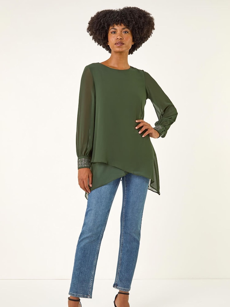 Roman Green Embellished Detail Layered Tunic Top - Image 2 of 5 Roman Green Embellished Detail Layered Tunic Top - Image 2 of 5