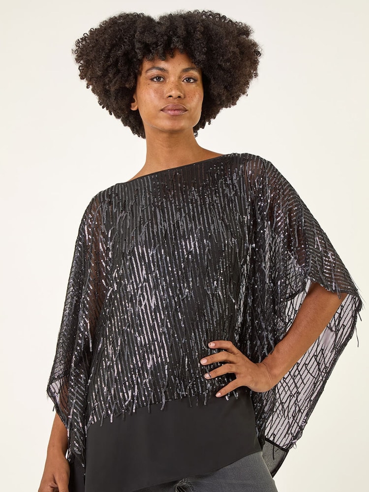 Roman Grey Sequin Mesh Chiffon Hem Tunic Top - Image 1 of 5