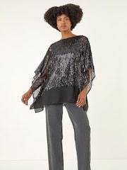 Roman Grey Sequin Mesh Chiffon Hem Tunic Top - Image 2 of 5