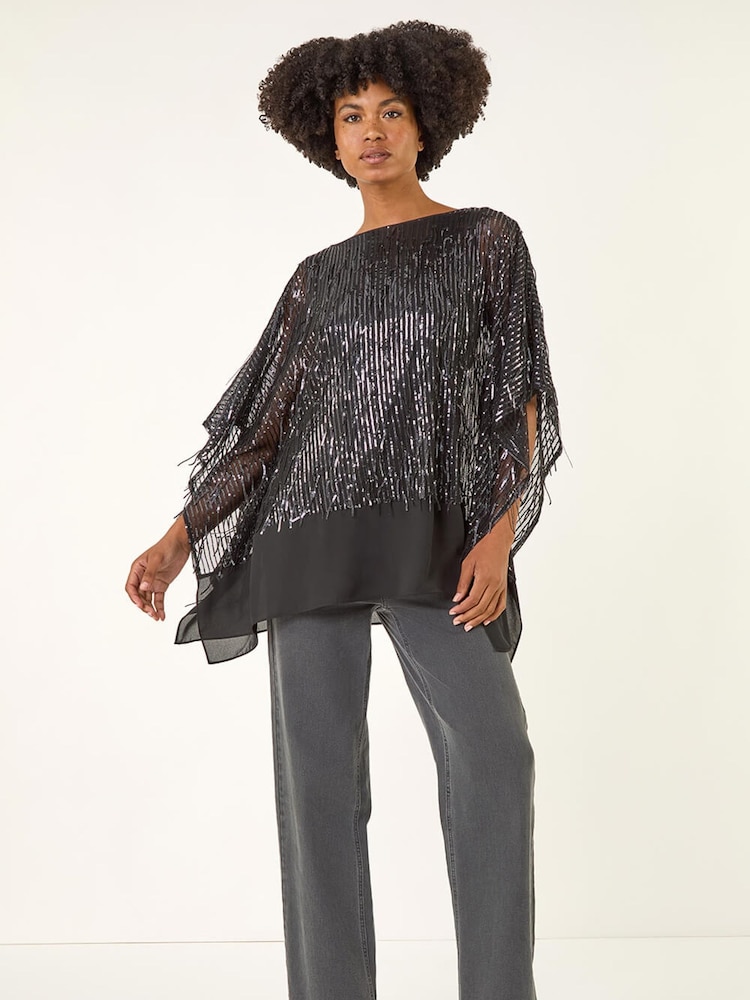 Roman Grey Sequin Mesh Chiffon Hem Tunic Top - Image 2 of 5