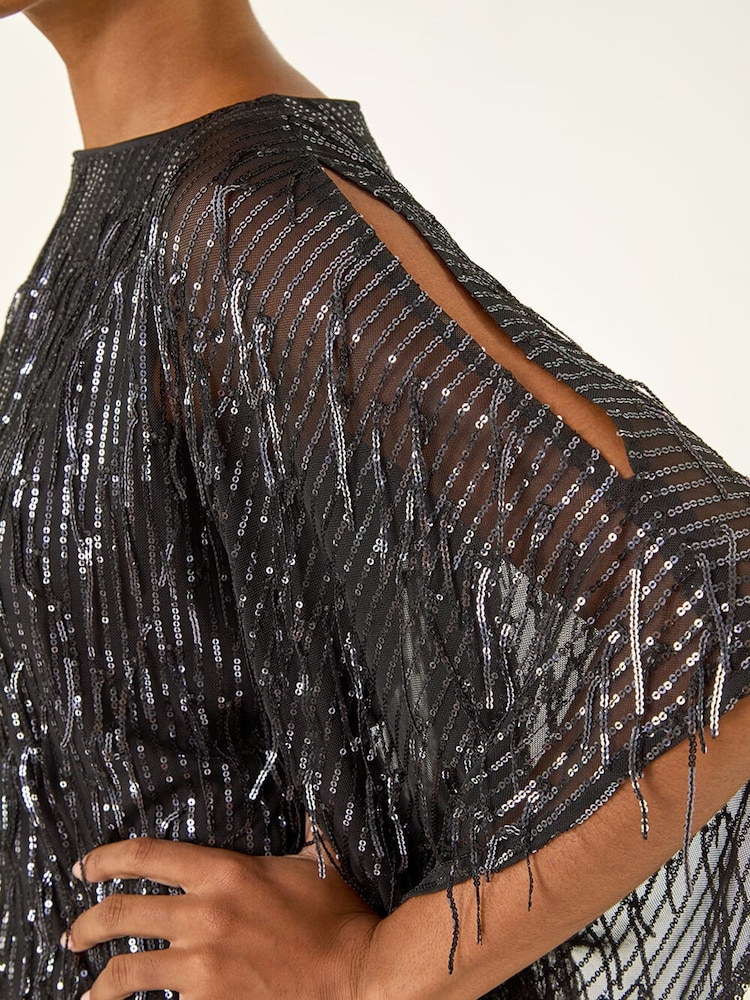 Roman Grey Sequin Mesh Chiffon Hem Tunic Top - Image 5 of 5 Roman Grey Sequin Mesh Chiffon Hem Tunic Top - Image 5 of 5