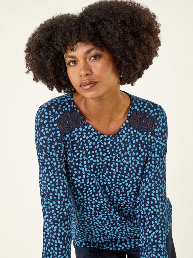 Roman Blue Printed Lace Stretch Blouse - Image 1 of 5 Roman Blue Printed Lace Stretch Blouse - Image 1 of 5