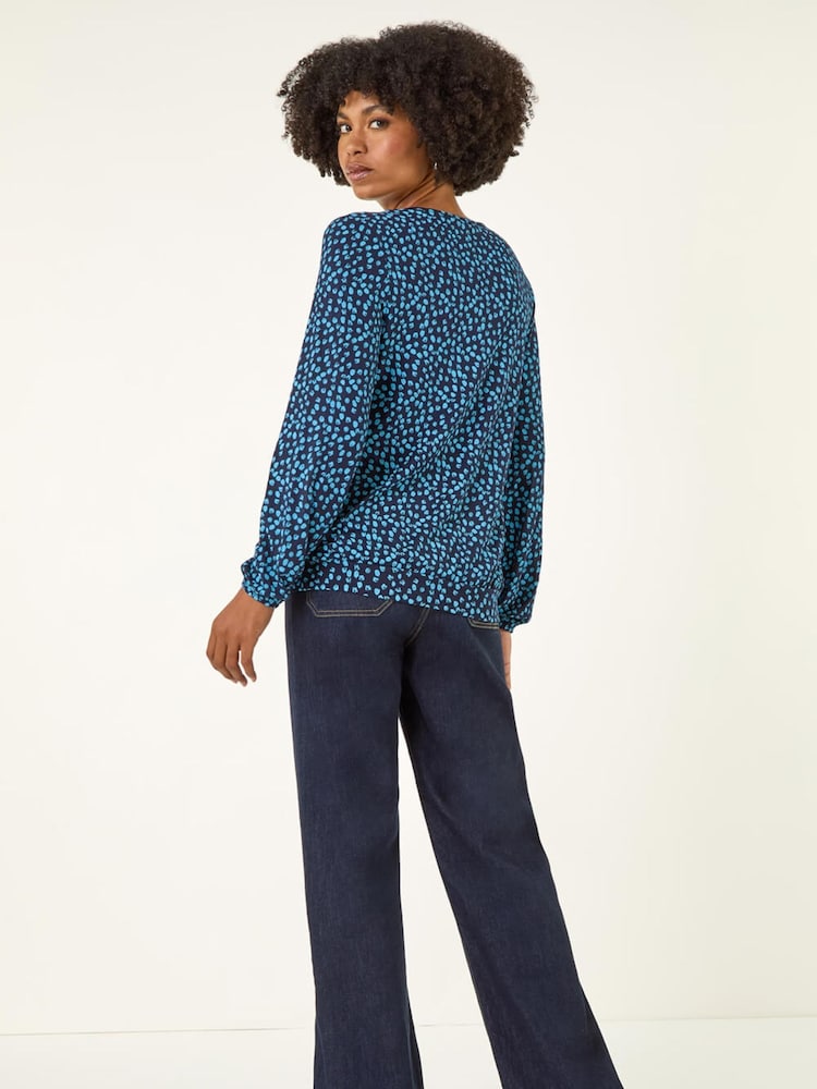 Roman Blue Printed Lace Stretch Blouse - Image 2 of 5 Roman Blue Printed Lace Stretch Blouse - Image 2 of 5