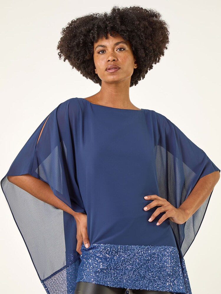 Roman Blue Sequin Hem Contrast Tunic Top - Image 1 of 5 Roman Blue Sequin Hem Contrast Tunic Top - Image 1 of 5