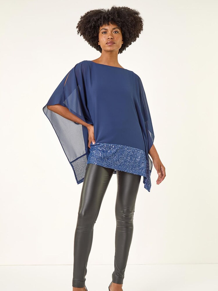 Roman Blue Sequin Hem Contrast Tunic Top - Image 2 of 5 Roman Blue Sequin Hem Contrast Tunic Top - Image 2 of 5