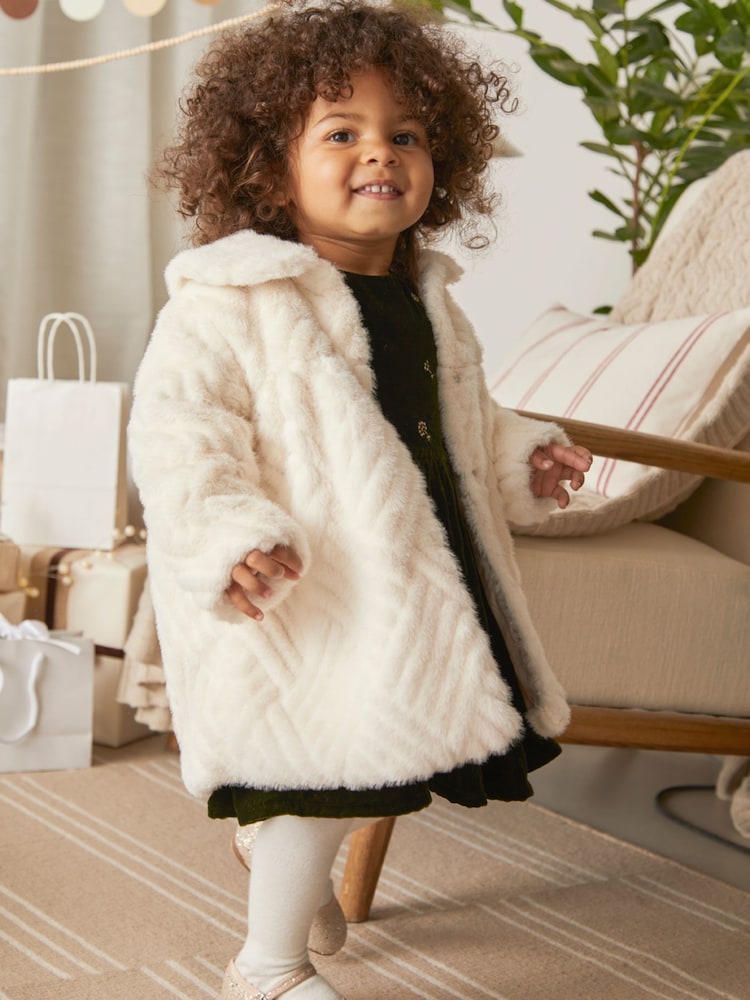 Mamas & Papas Cream Faux Fur Coat - Image 1 of 5