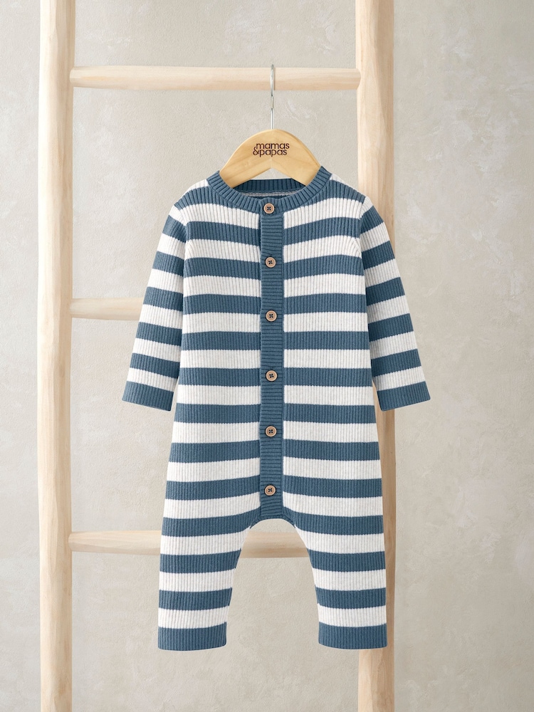 Mamas & Papas Blue Knitted Stripe Romper - Image 1 of 2 Mamas & Papas Blue Knitted Stripe Romper - Image 1 of 2