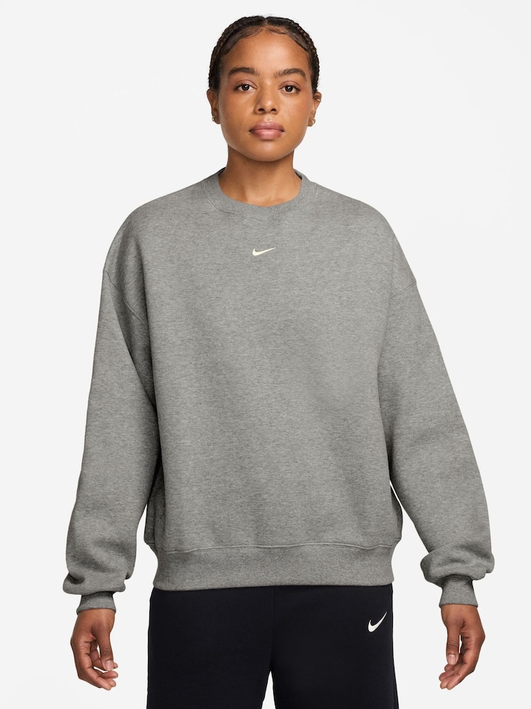 Nike Grey Studio Fleece Oversized Crew Neck Sweat Top - Image 1 of 3 Nike Grey Studio Fleece Oversized Crew Neck Sweat Top - Image 1 of 3