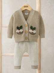 Mamas & Papas Little Pudding Christmas Cream Cardigan & Leggings Knit Set - Image 1 of 5