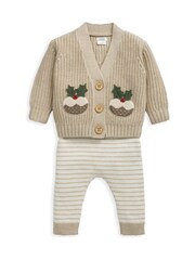 Mamas & Papas Little Pudding Christmas Cream Cardigan & Leggings Knit Set - Image 2 of 5